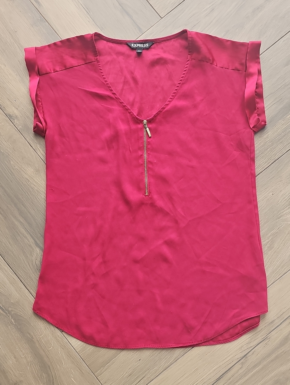 Express Women's Vibrant Pink Zip-Front Short Sleeve Blouse